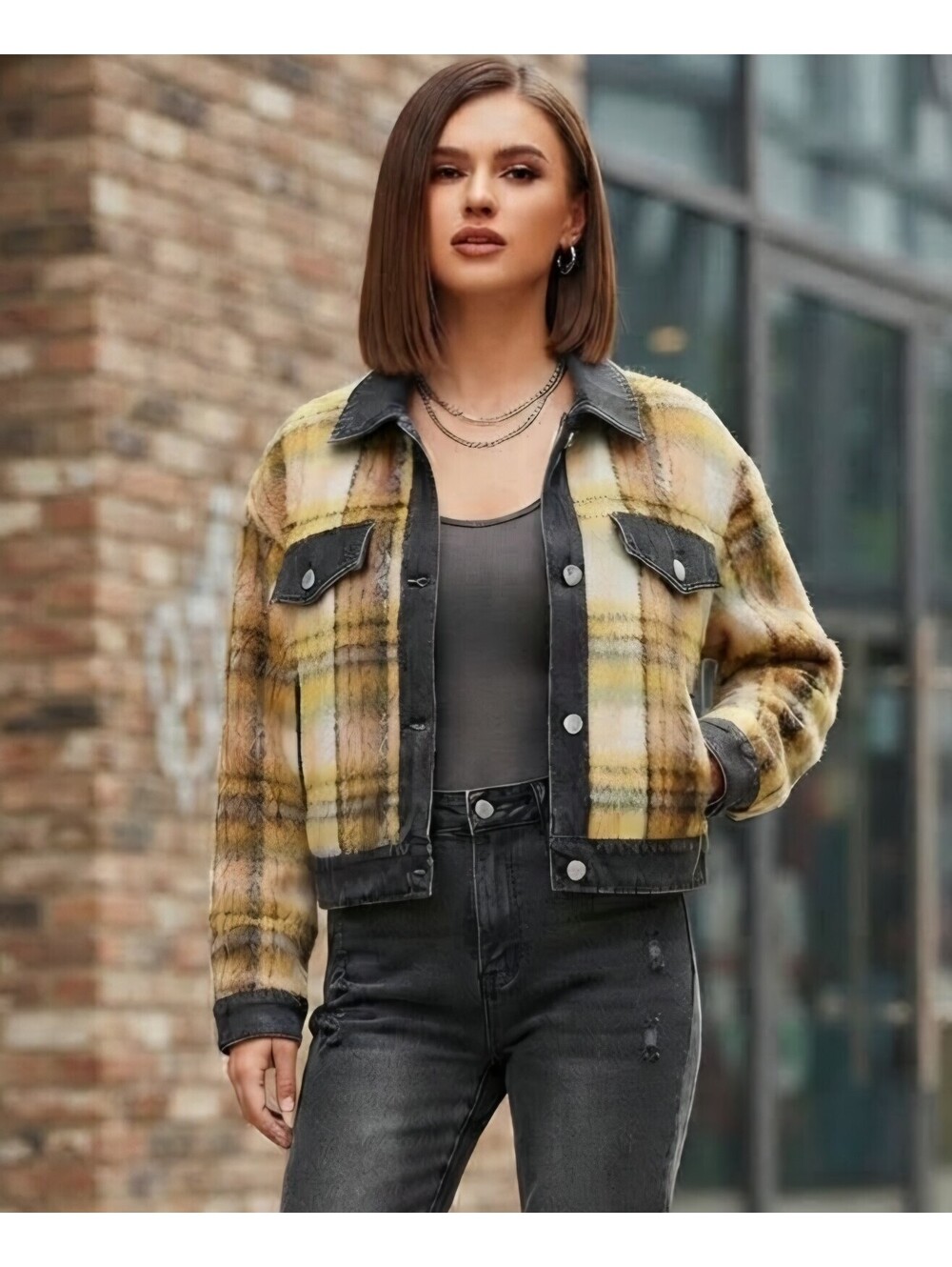 7 For All Mankind Mixed Media Faux Fur Plaid Cropped Trucker Jacket. Size L
